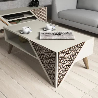 A modern living room scene with a coffee table and sofa.