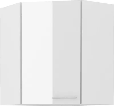 A white corner cabinet with two doors.