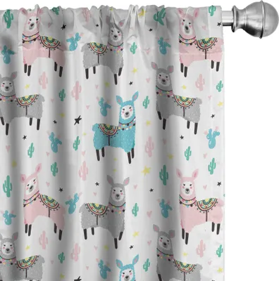 Produktbild von ABAKUHAUS Lama Vorhänge, Gardinen, Illustration von Cactus Pflanzen und Tieren mit Orient-Verzierungen Ethnischen, 2 Stück 75 x 225 cm, Mehrfarbig