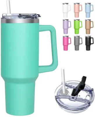 Produktbild von Thermobehälter 1180 ml – Thermobecher für Kaffee zum Mitnehmen – Trinkbecher mit Deckel/Trinkhalm – Isolierter Becher aus Edelstahl – Faltbarer Tragegriff – Für kalte und warme Getränke
