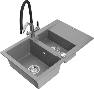 Produktbild von Mexen Gaspar 1,5-Becken-Granitspüle mit Abtropffläche und Mischbatterie Duo, Grau - 6507-71-671701-07