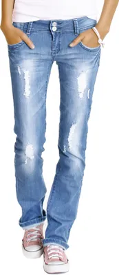 Produktbild von BE STYLED Damen Hüftjeans destroyed Bootcut Jeans Hose Vintage Look zerrissen, 40 / L