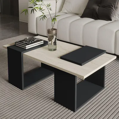 Produktbild von Skye Decor, Hochwertiger Couchtisch, Travertin und Anthrazit, 90 x 37 x 46,6 cm | 100% melaminbeschichtete Spanplatte, 18 mm dick | Ideal für modernes Wohnen, elegant und funktional.