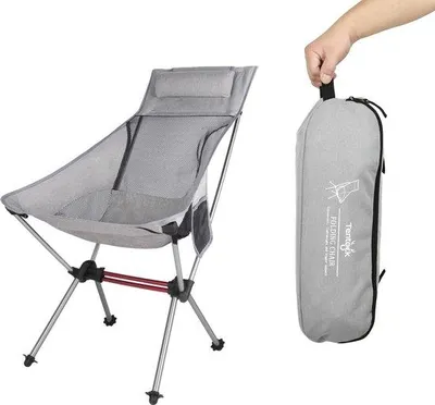 Immagine prodotto di Sedia pieghevole da campeggio Unyqoos® ultraleggera con schienale alto – 1,8 kg, capacità di carico 150 kg, schienale in rete, cuscino rimovibile, tasca laterale, dimensioni da ripiegata 47x18 cm, colore grigio