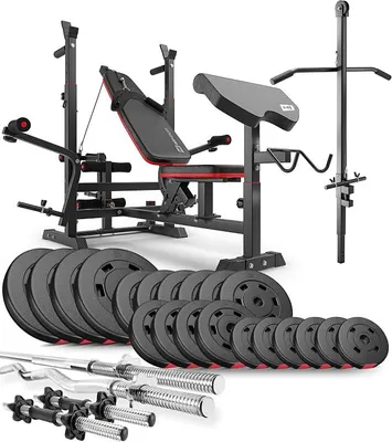 Immagine prodotto di - Panca per esercizi con cavi, panca multifunzionale, panca inclinabile regolabile, inclusa barra per bilanciere, barra per curl, set di pesi da 75 kg a 173 kg, capacità massima di carico della panca: 270 kg