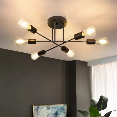 Obrázek produktu pro ZMH Stropní světlo černé 6 plamenů Stropní lampa Vintage Obývací pokoj lampa E27 Lustr Ložnice lampa (bez žárovky)