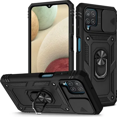 Produktbild von Galaxy A12 Hülle, Schiebe Kamera Schutz Robust Rüstung Stoßfest Schutzhülle mit Ringhalterung Ständer Kartenhalter für Samsung Galaxy A12 Schwarz