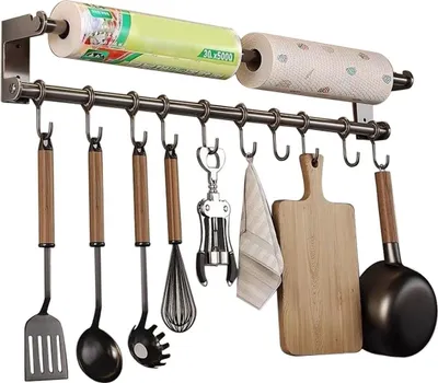 Image de Porte-rouleaux de cuisine mural, en acier inoxydable, avec 10 crochets, pour la cuisine
