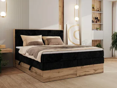 Produktbild von MKS MEBLE Boxspringbett WOOD CLASSIC KING, Doppelbett mit zwei Multipocket-Matratze und Topper T25, hohe Kopfteil, Stauraum - 180 x 200 cm - H4 - Schwarz Cord