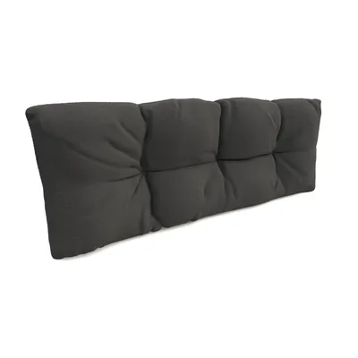 A dark gray tufted cushion is shown against a white background.