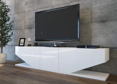 Produktbild von Decorotika Inci TV-Lowboard aus 18 mm melaminbeschichtetem Holzwerkstoff, 180 x 30 x 40 cm, 3 Schränke und 2 offene Ablagen, Hochglanz-Weiß