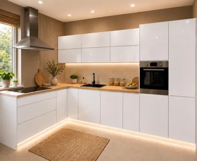 Produktbild von Eckküchenzeile 170x360 cm Winkelküche Küchenblock Einbauküche ohne Arbeitsplatte, LETANO Luki 12 Weiß Hochglanz mit Soft-Close