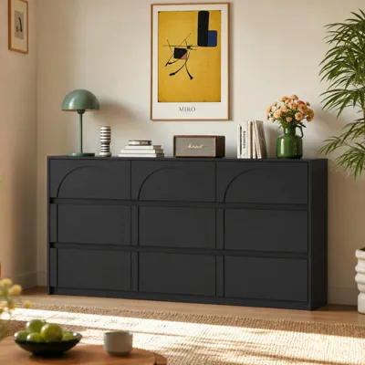 Produktbild von Kommode mit 9 Schubladen, Sideboard mit Geräuscharmen Führungen und Geschwungenen Türen, Griffloses Design, Schwarz, 160 × 80 × 35 cm