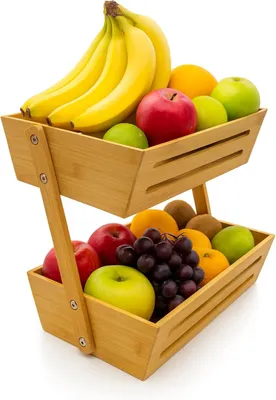 Produktbild von Hausleben 2-Etagen Bambus Obstkorb – Nachhaltiger Obst & Gemüse Organizer aus Bambus, Zweistöckige Obstschale für Küche & Esstisch, 34x22x28 cm