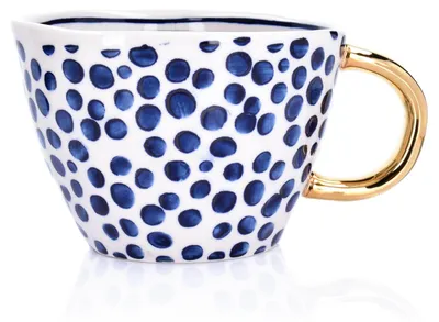 Produktbild von DUKA Tasse Kaffeetasse Porzellantasse Kaffeebecher - 300 ml Steingutbecher, weiß und marineblau mit goldenem Henkel, Siren DUKA
