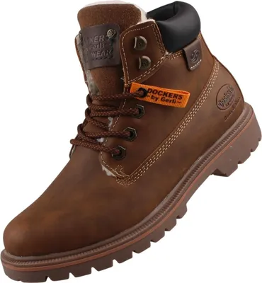 Auf dem Bild ist ein brauner Stiefel zu sehen der von der Seite präsentiert wird. Der Stiefel hat eine glatte Oberfläche und eine hervorstehende Sohle.