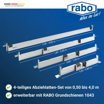 Image de gabarit de remblayage à sec rabo en 4 parties : rails C. (0,5-0,8m, 0,8-1,4m, 1,4-2,4m, 2,3-4,0m) lattes de nivellement réglables en continu 2 butées de hauteur variables chacune