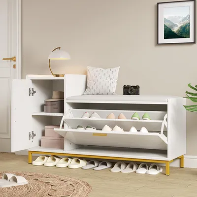 Produktbild von okwish Schuhschrank Schuhbänke mit 2 Fächern 1 Schrank,Sitzbänke mit zwei Schuhregalen und einem Schrank auch goldenen Füße,Schuhregal mit Metallgriffe,Weiß/Gold