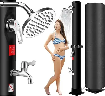 Produktbild von Solardusche 35L Gartendusche mit Schutzhaube, Solar Duschsäule bis 60°C mit Regendusche, Fußdusche, Mischarmatur, Gartenschlauchanschluss, PVC, Außendusche für Garten Pool Terrasse