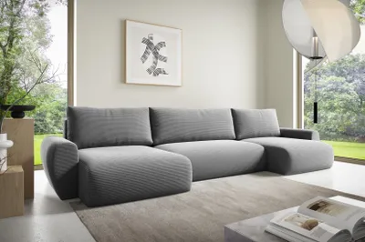 Produktbild von Ecksofas in U-Form ANTONIO MINI BOSS U 397x153cm, Wohnlandschaft mit Schlaffunktion & Bettkästen, Eckarniutur / Bezug - Cord in Hellgrau