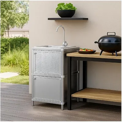 Produktbild von Spüle mit Unterschrank für Outdoorküche Silber für Garten und Camping mit Edelstahl-Armatur