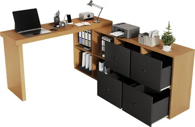 Produktbild von Merax Eckschreibtisch, L-förmiger Schreibtisch, 360° drehbar, Computertisch mit 8 Fächer, 4 Schubladen, Bürotisch, Arbeitstisch, Schwarz+Eiche