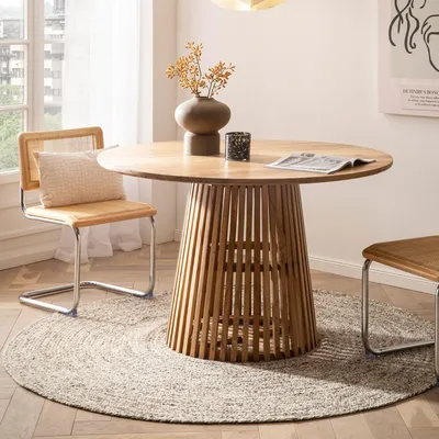 Produktbild von WOHNLING Esszimmertisch 120x120x77 cm Akazie Massivholz Hellbraun Esstisch Modern Küchentisch Massiv mit Gittergestell Holztisch Esszimmer Rund