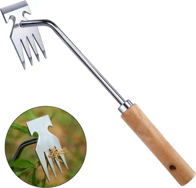 Produktbild von Unkrautstecher Edelstahl mit Holzgriff, 4 Zinken, robust & rostfrei, für Wurzelentfernung, Garten, Rasen & Beet, multifunktional