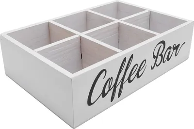 Zdjęcie produktu dla Drewniany organizer do kawy – pojemnik z przegrodami na akcesoria do kawy, herbatę, kapsułki i saszetki, do ustawienia na blacie, biały, w stylu rustykalnym