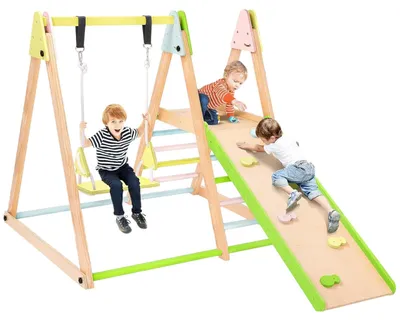 Produktbild von Pikler-Dreieck aus Holz für Kinder 4-in-1 – Schaukel, Rutsche, Klettergerüst und Rampe | Ginger Home