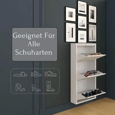Produktbild von Furni24 Metall Schuhschrank Weiß schmal – Schuhkipper mit 3 Klappen, Schuhregal für Flur & Diele, platzsparend (100 x 50 x 15 cm), vormontiert