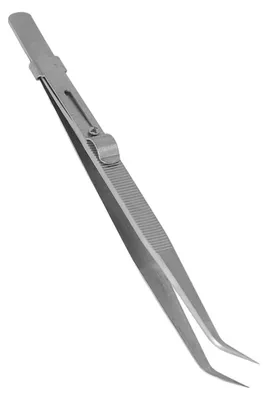 Produktbild von Pinzette aus legiertem Stahl mit verstellbarer Schiebesperre, antimagnetisch für elektronische Reparatur, gebogene Spitze