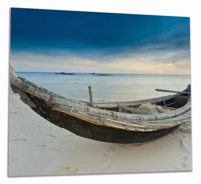 Produktbild von Wallario Herdabdeckplatte aus Glas, Größe 60 x 52 cm 1-teilig, Motiv Fischerboot am Strand mit Sonnenuntergang