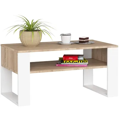 A modern coffee table with a plant and books on it.