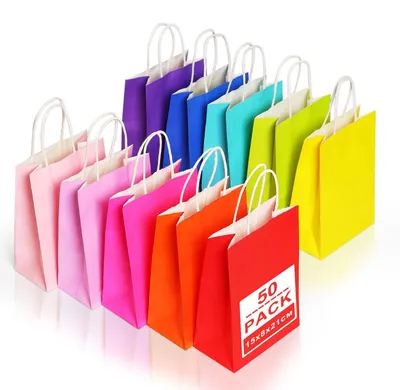 Produktbild von Gucass 50 Stück Klein Papiertüten mit Henkel, Bunt Kraft Papiertaschen Geschenktüten, 15x8x21cm Papiertragetasche, Geschenktaschen zum Verpacken Einkaufen Geburtstag Partys Hochzeit Weihnachten
