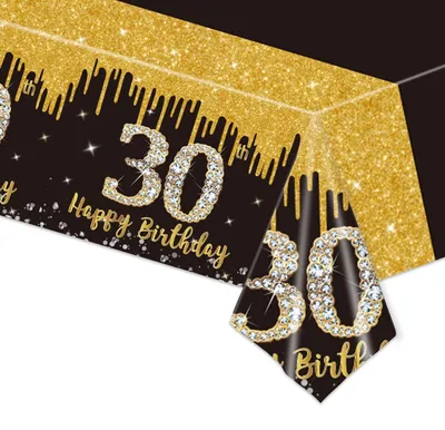Immagine prodotto di Tovaglia per il 30° compleanno, colore nero e oro, dimensioni 137x274 cm, materiale plastico, lavabile. Forma: rettangolare
