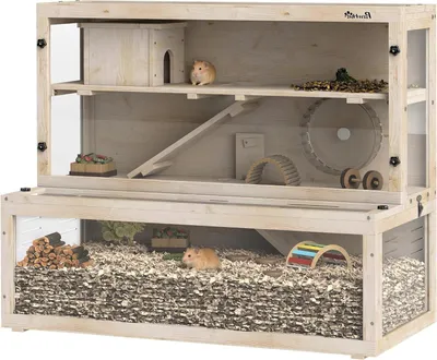 Productafbeelding van Houten Hamsterkooi - Knaagdierkooi - Dierverblijf - Hamsterhok - Rodent Cage - 3 Verdiepingen Met Loopwiel