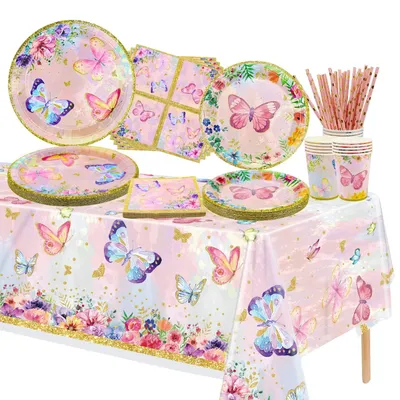 Schmetterlings-Party-Set, 106-tlg., für 20 Gäste, rosa