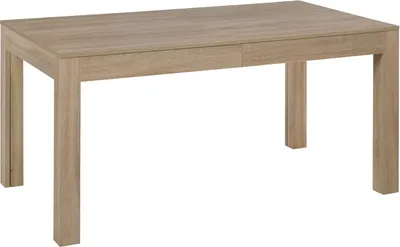 A light brown wooden dining table with four legs, shown from a front-facing angle against a white background.