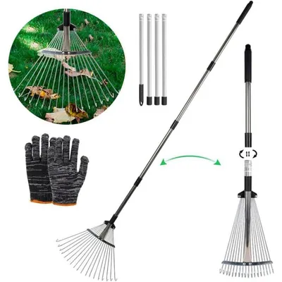 Produktbild von Verstellbarer Laubrechen mit Stiel 215cm, Fächerbesen Metall, Gartenrechen Silber