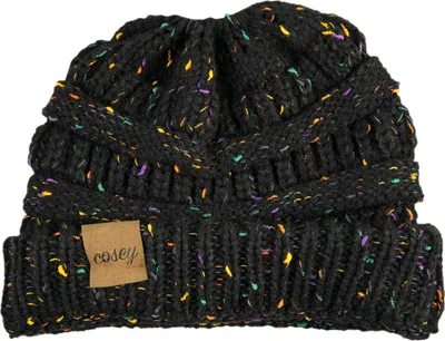 Produktbild von Strick Winter Beanie - Pferdeschwanz Mütze - mit Zopf Loch - Schwarz Gesprenkelt