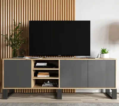 Produktbild von Loft TV-Schrank TV-Lowboard Apollo Dreitürig Drei Metallfüße Modern Lindner Möbel 150cm x 53cm x 35cm Farbe: Wotan Eiche matt - graphit