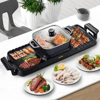 Zdjęcie produktu dla Grill elektryczny – patelnia grillowa i garnek – moc 2400W – przenośny i bezdymny – zdejmowana powłoka nieprzywierająca