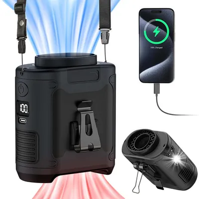 Produktbild von Tragbarer Taillenventilator, 10000mAh Clip-On-Gürtelventilator, persönlicher Ventilator mit 5 Geschwindigkeiten und Taschenlampe, Schwarz