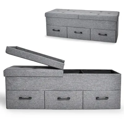 Produktbild von ONBEST Sitzbank mit Stauraum | 3 Schubladen | Grau | 110 kg | 110x40x36cm (BxHxT) | Leinenoptik | gepolstert | klappbarer Deckel