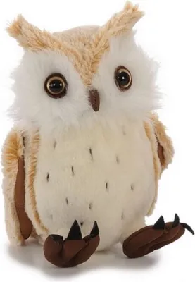 Produktbild von Knuffige Eule aus Plüsch,  14x17x21cm , Farbe beige mit weißem Bauch, mit weißer Gesichtsmaske und braunen Füßen und einem braunen Schnabel.