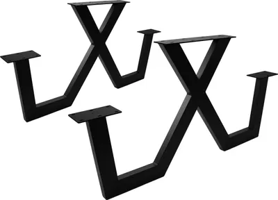Two black metal table legs with an X-shaped design are shown against a white background.
