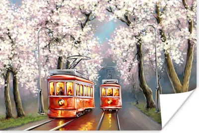 Produktbild von MuchoWow® Poster Gemälde - Ölgemälde - Straßenbahn - Blühender Baum 60x40 cm - Schlafzimmerdekoration
