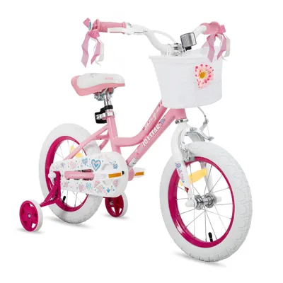 Produktbild von HILAND 14 Zoll Mädchen Kinderfahrrad mit Korb & Bändern, Vorderen Zangenbremse & Rückwärtige Pedalbremse, Stützräder, Hell-Pink