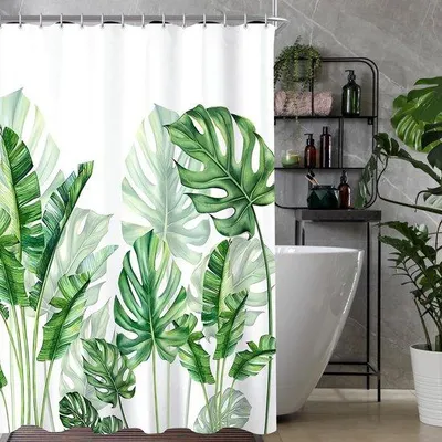 Produktbild von Famanu Duschvorhang 150 x 200 cm - Grüne Blätter, wasserabweisend, schimmelresistent, mit Ringen